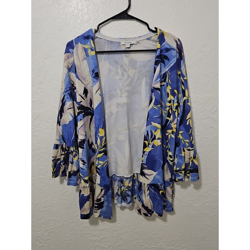 Chicos Sz 1 Floral Ruffle Cardigan Tropical Resort Wear Boho Bell Sleeve - Picture 1 of 9